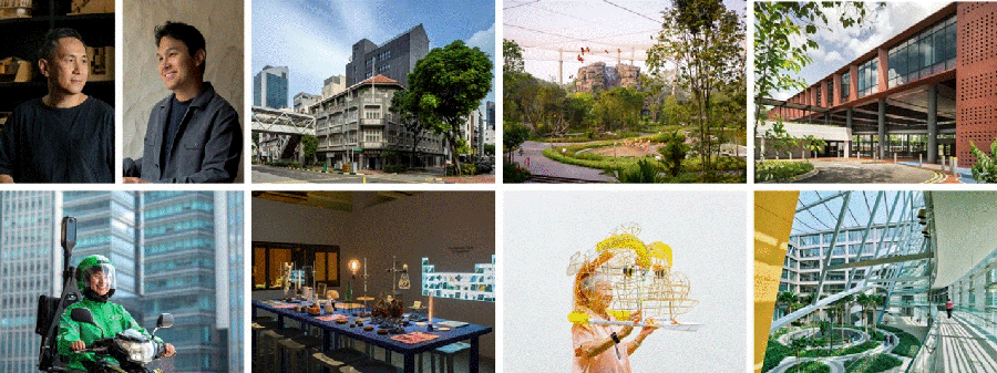 Grid of eight images featuring two men's portraits, urban streetscapes, a park, a public building exterior, a food delivery rider, an exhibition table display, a sculptural artwork, and a skylit atrium interior.