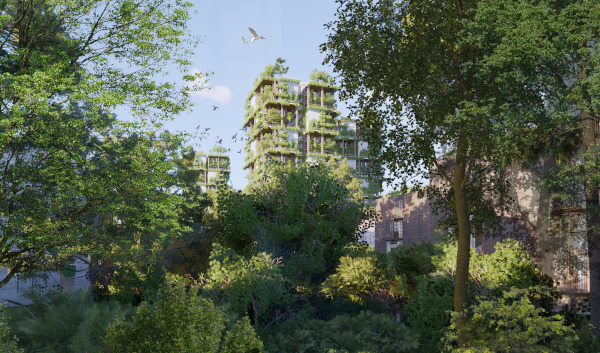 Green buildings with plants growing on them, seen through trees. Birds are flying overhead.