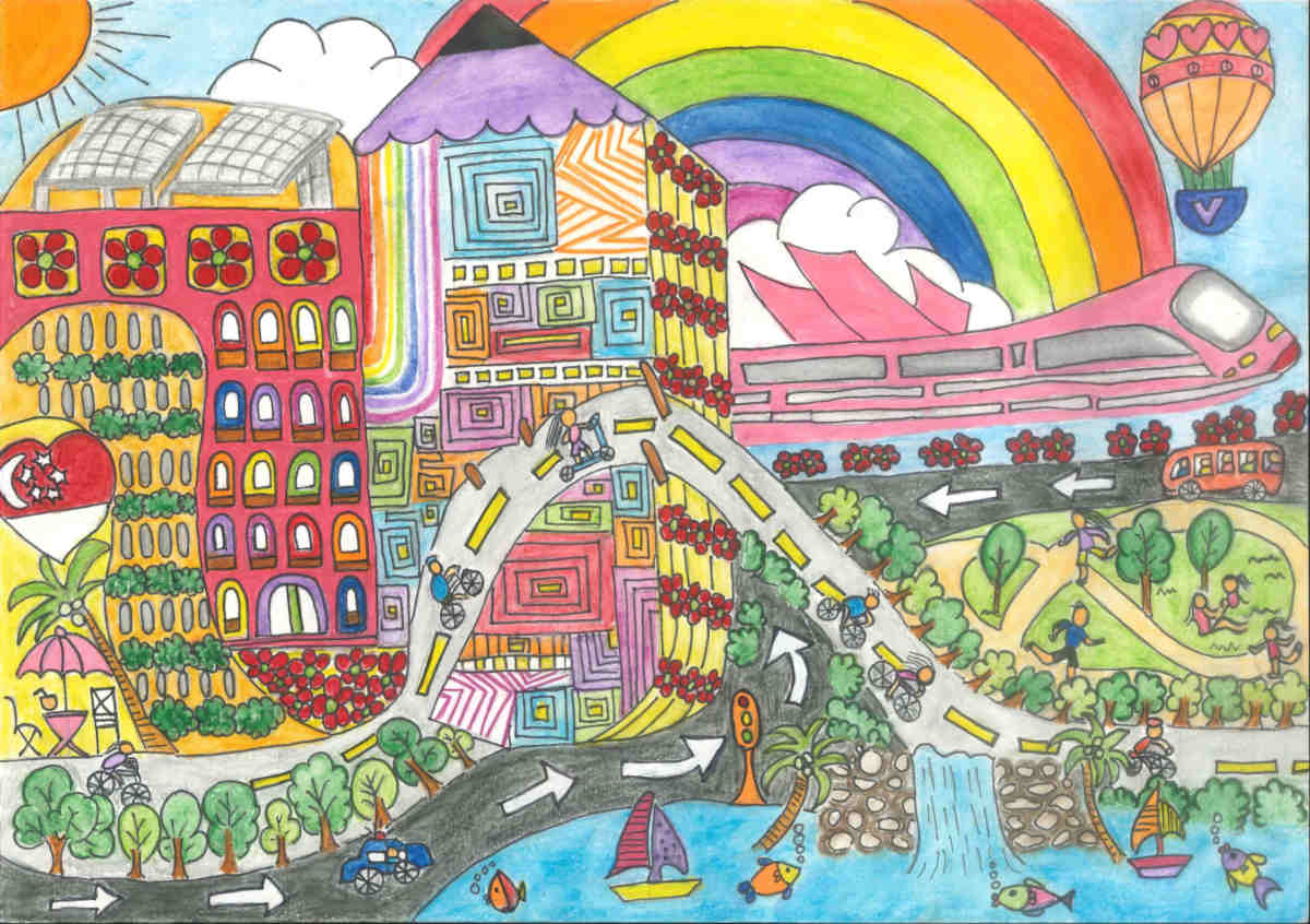 Colorful illustration of a fantastical city with buildings, roads, and a rainbow.
