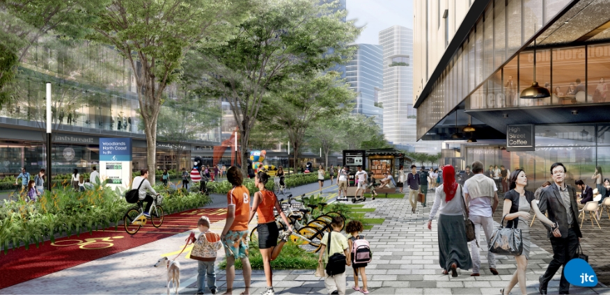Rendering of a pedestrian-friendly urban space with people walking, cycling, and enjoying shops. Buildings and greenery are visible.