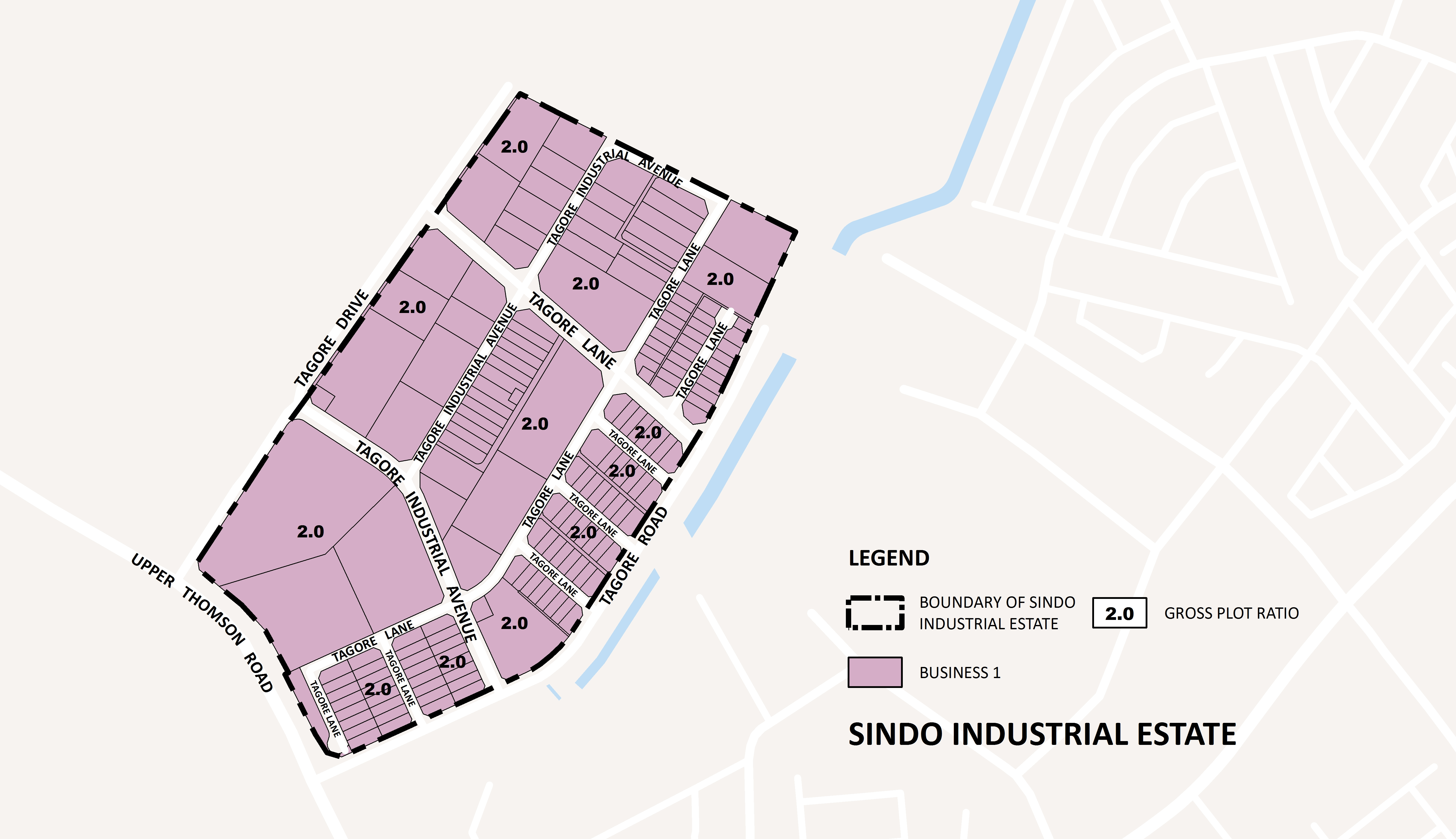 Map of Sindo Industrial Estate showing plot boundaries, streets, and gross plot ratio (2.0). Business 1 area is highlighted in pink.