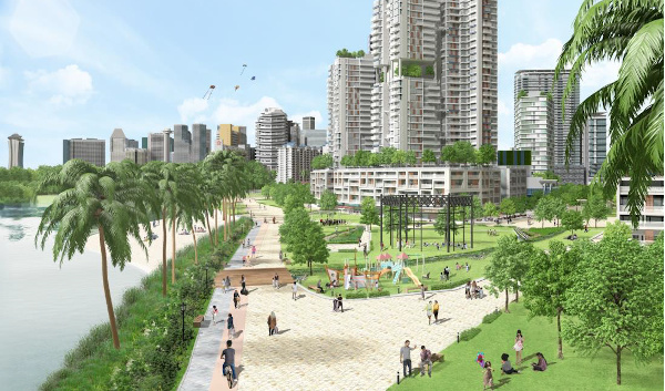 A rendering of a waterfront park with people, palm trees, a playground, and tall buildings in the background.