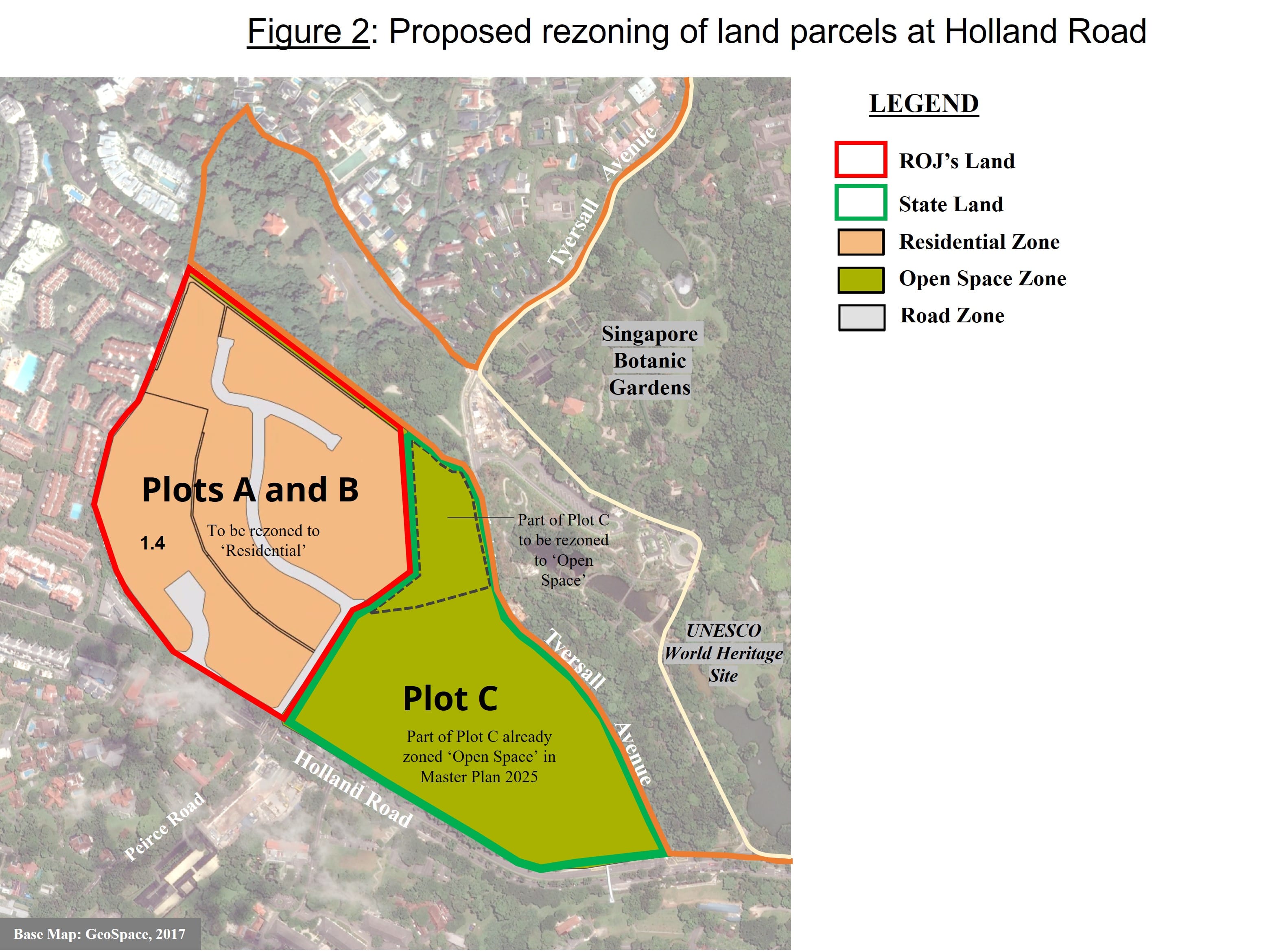 Aerial map showing the location plan after a land swap near Singapore Botanic Gardens, with Plot A (8.5ha) and Plot B (8.1ha) as ROJ's land and Plot C (13ha State Land) along Tyersall Avenue and Holland Road.