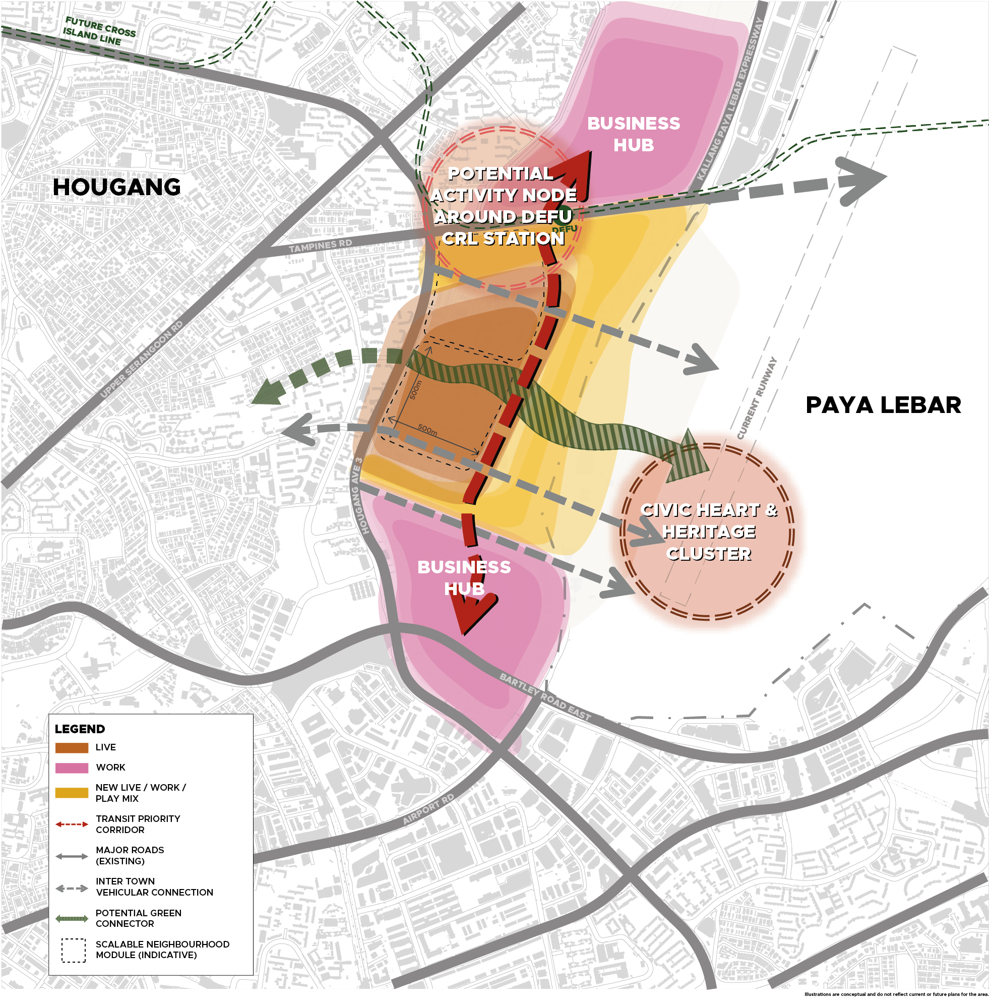 Map of Hougang and Paya Lebar, Singapore showing planned land use, transit corridors, and green connectors. Includes legend.