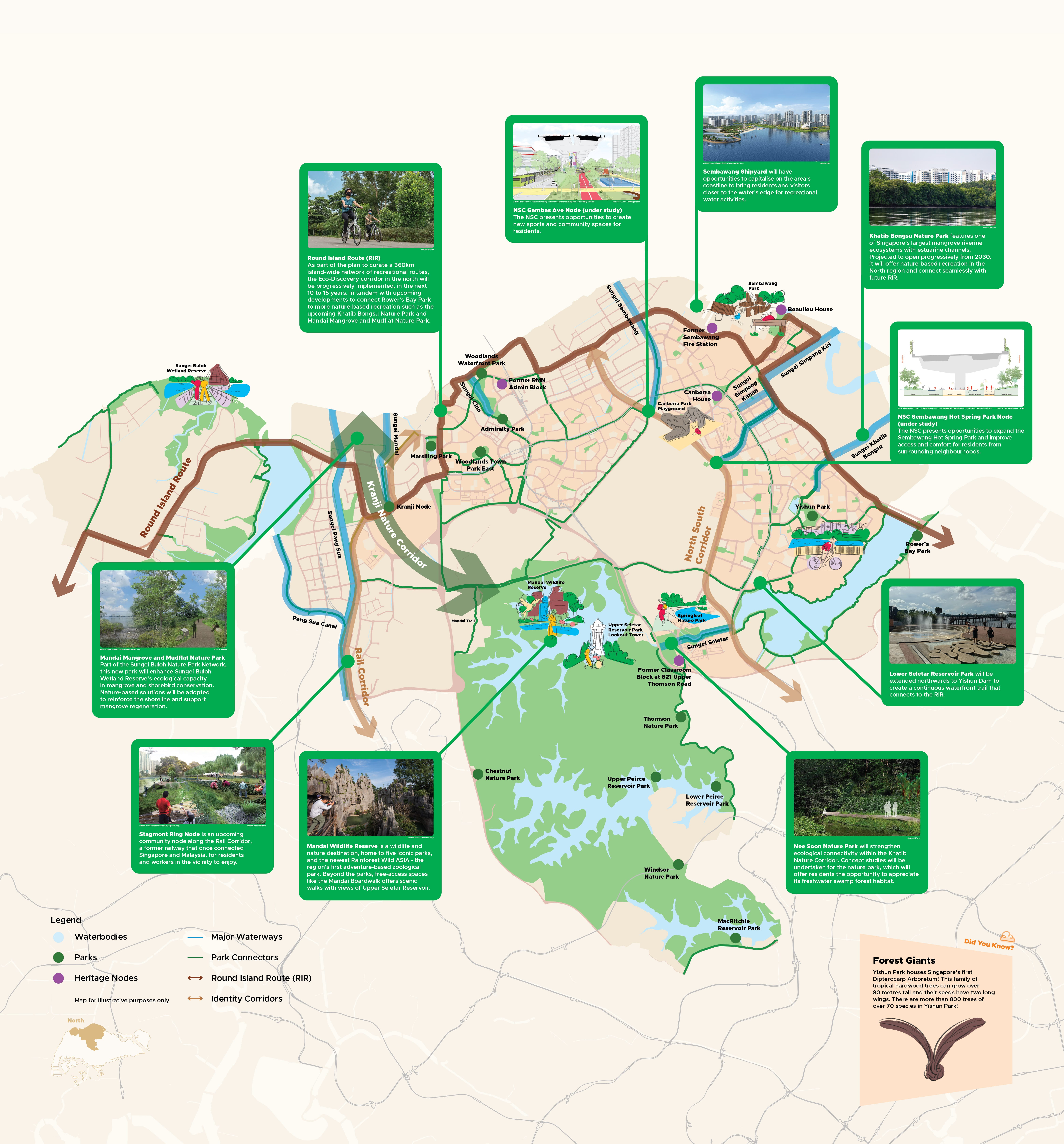 Map of Singapore's Round Island Route and Nature Corridors, highlighting parks, waterways, and heritage nodes.