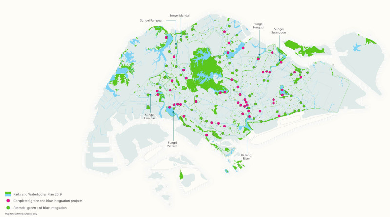 Map of Singapore showing parks and waterbodies plan for 2019. Green areas indicate parks, blue areas are waterbodies, with pink and green dots indicating projects.