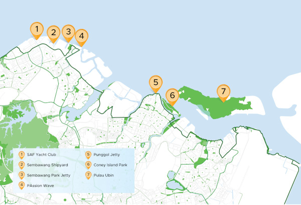 Map of Singapore's northeast coast, pinpointing 7 locations: SAF Yacht Club, Sembawang Shipyard, Sembawang Park Jetty, PAssion Wave, Punggol Jetty, Coney Island Park, Pulau Ubin.