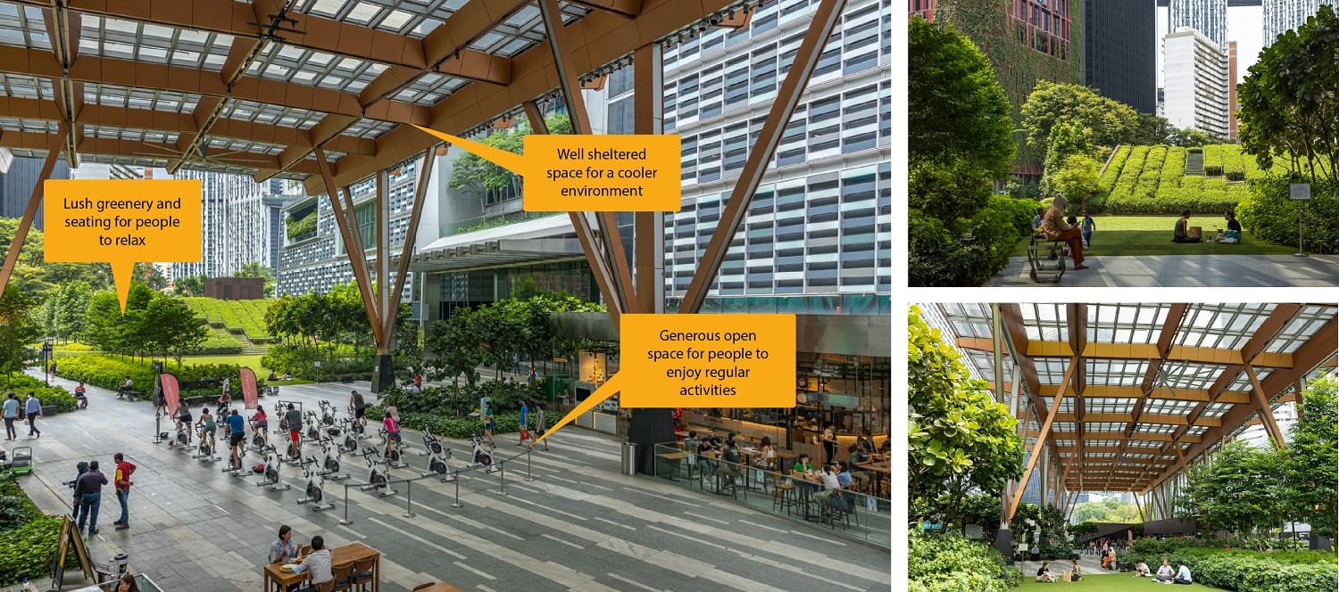 A sprawling urban park features lush greenery, ample seating, and a covered area.