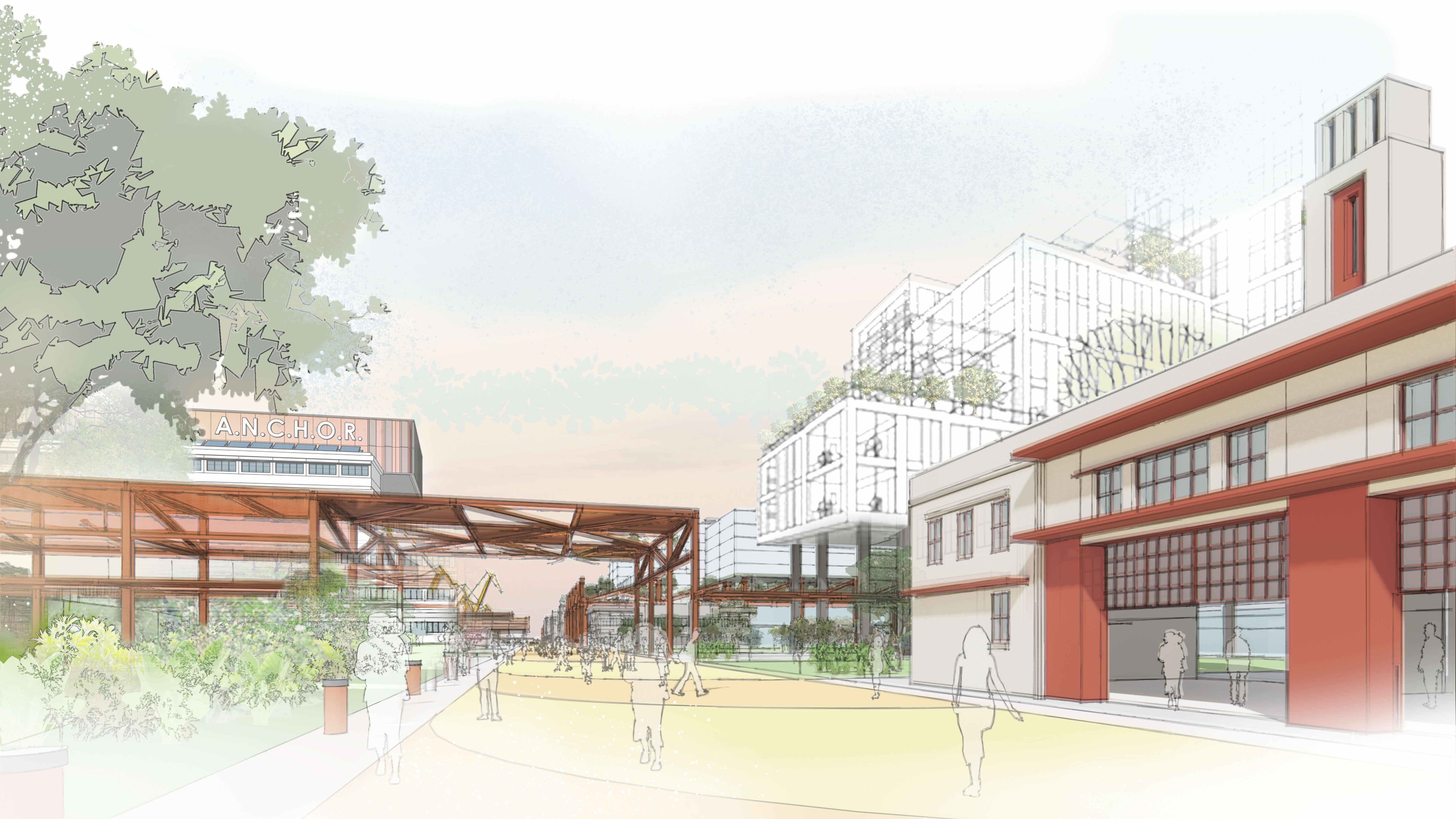 Architectural rendering of a new urban development, including buildings, public space, and pedestrian walkways.