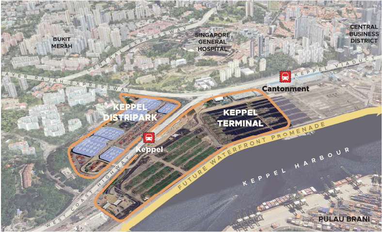 Aerial view of Singapore's Keppel Distripark and Terminal, showing future waterfront promenade and surrounding areas.