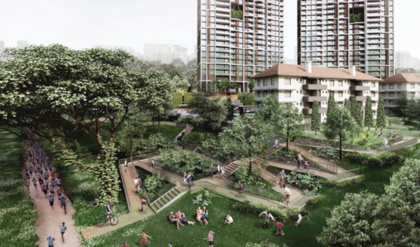 Park with tall buildings in the background. People are walking, running, and relaxing.