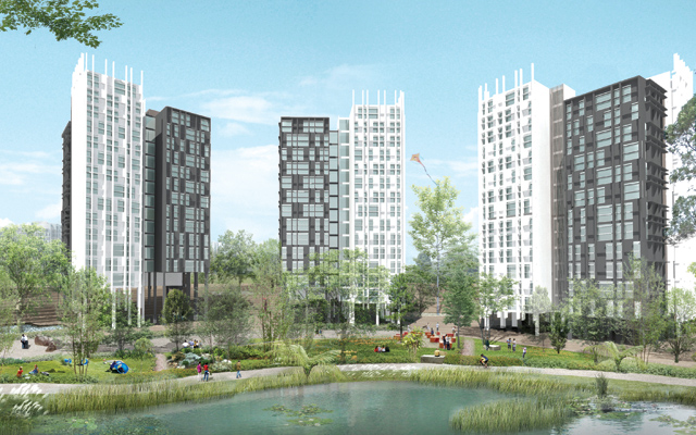 Architectural rendering of tall apartment buildings overlooking a park with a pond and people enjoying leisure activities.