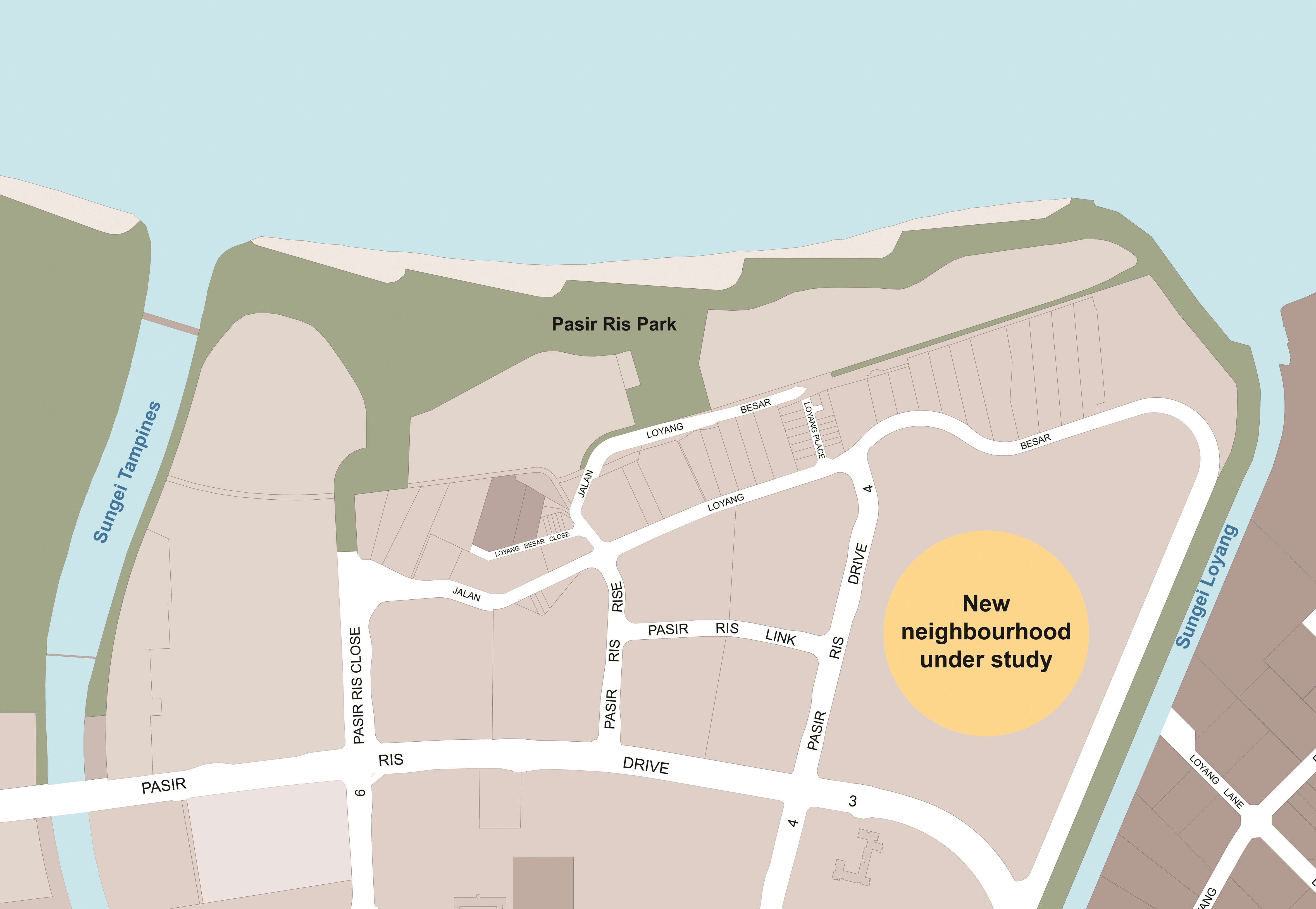 Map of Pasir Ris Park area, Singapore, with new development area highlighted.