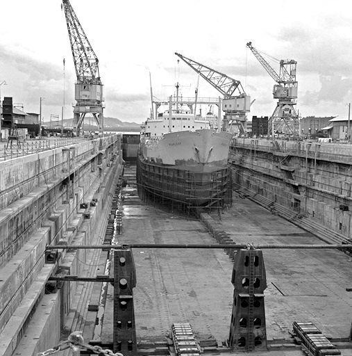 Archival photo of dry dock at Sembawang Shipyard