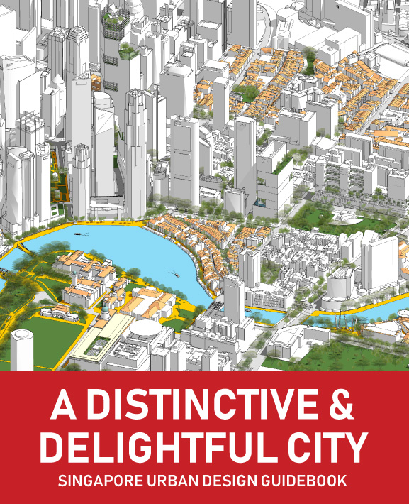 Singapore Urban Design Guidebook cover: A stylized aerial view of the city with modern skyscrapers and green spaces.