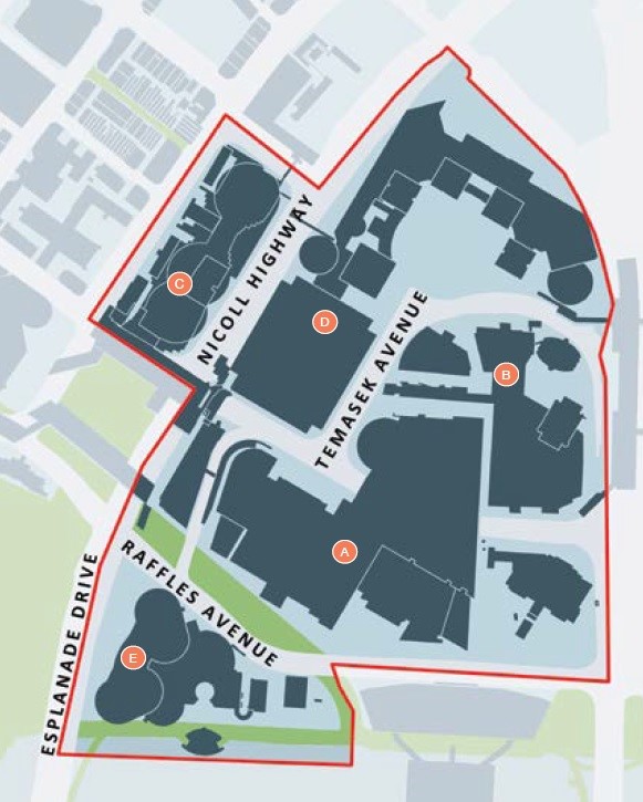 A map with buildings marked A through E, bordered by a red line, with labeled streets.