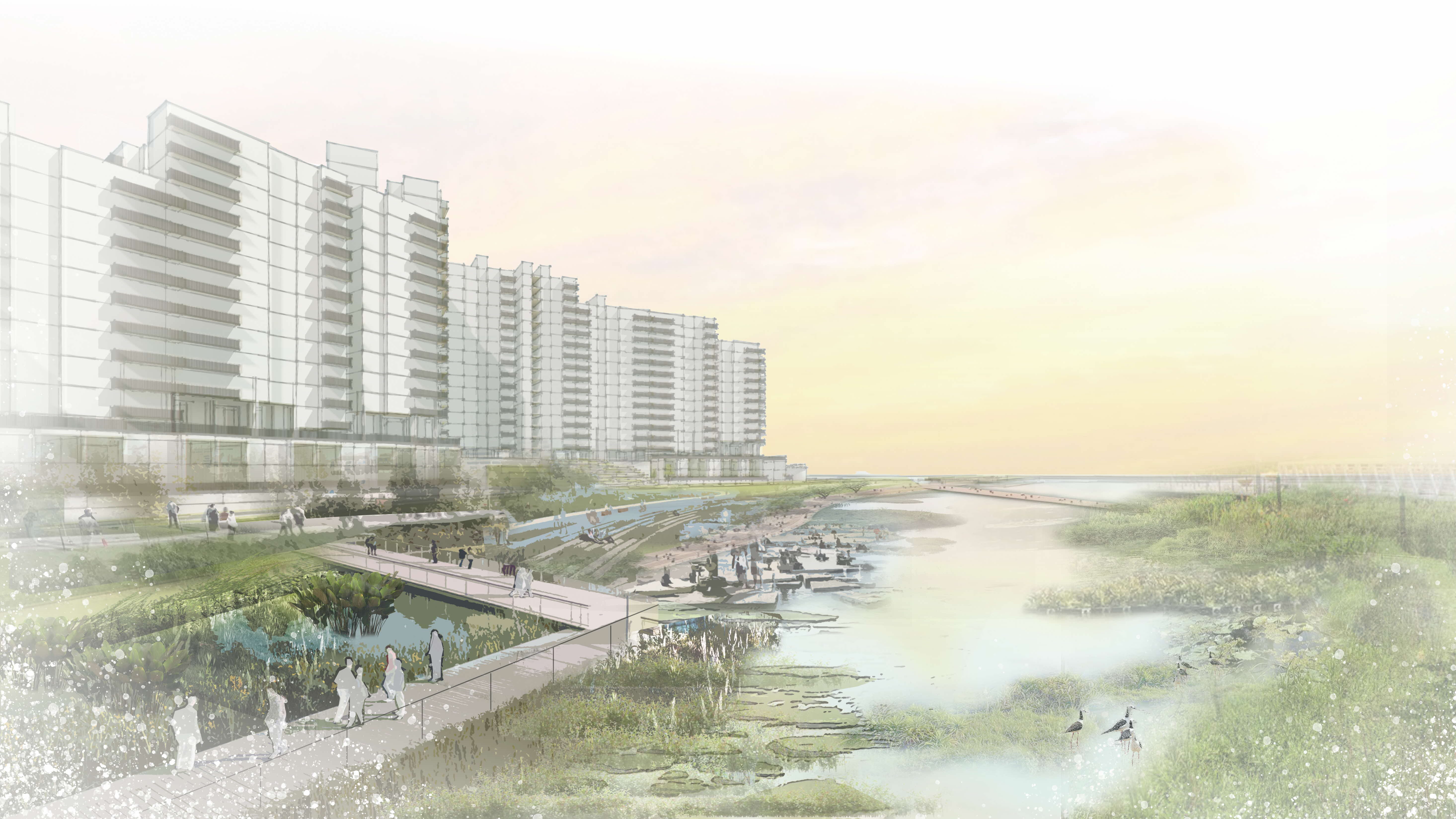 Conceptual sketch of waterfront living with boardwalk