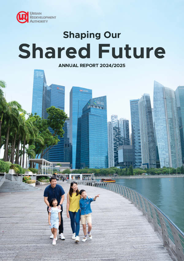 Annual Report 2024/2025 cover showcasing a family with children strolling along the waterfront with a modern city skyline in the background.