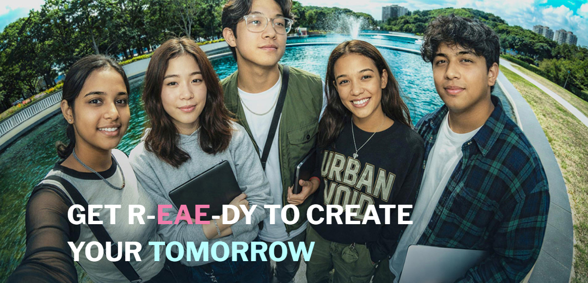 Five Temasek Polytechnic students standing together outdoors, representing the Early Admissions Exercise and prospective student opportunities.