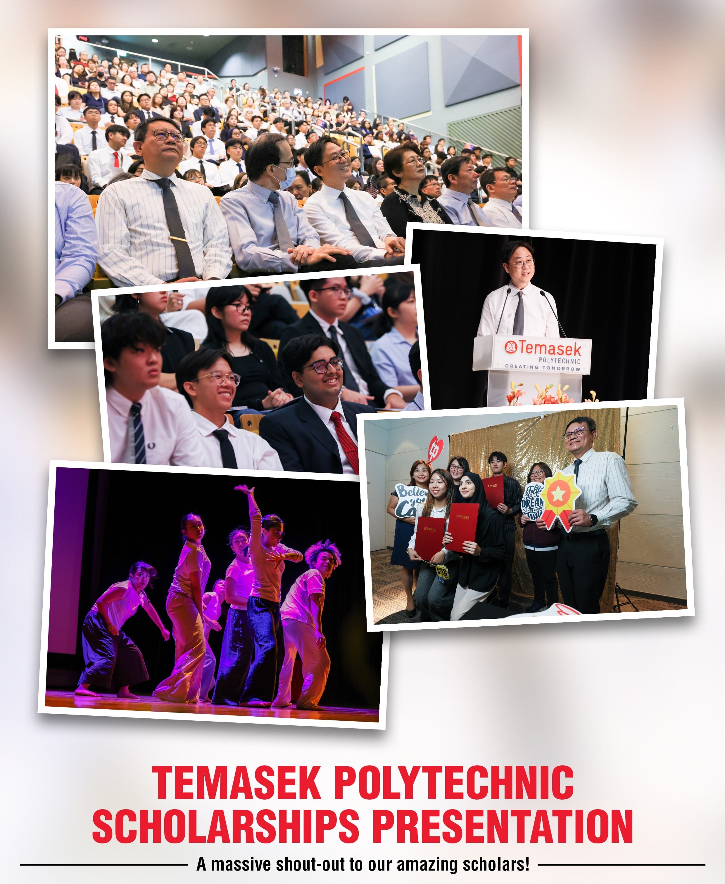 Temasek Polytechnic Scholarships Presentation collage showing an auditorium, a speaker, dancers, and scholars posing