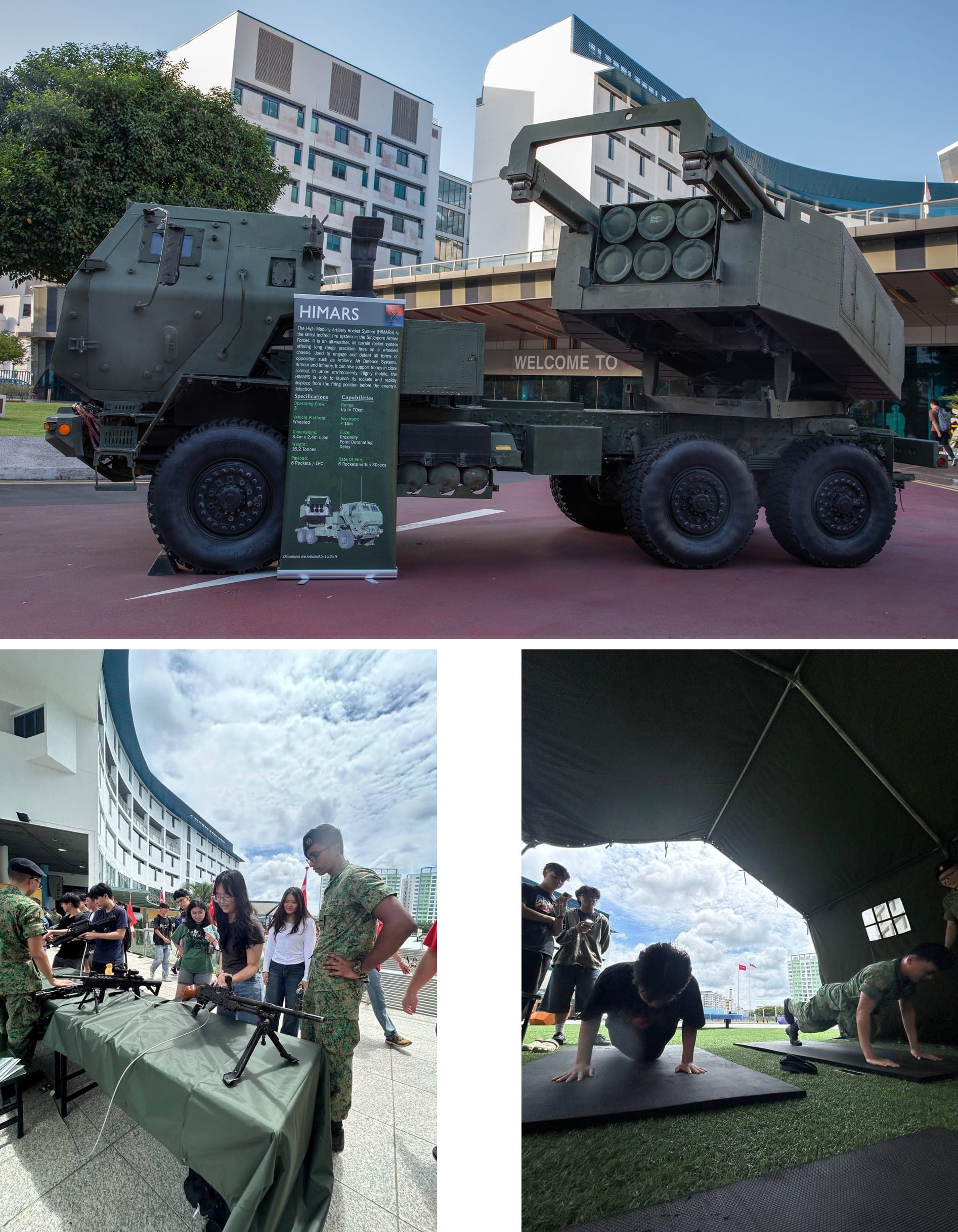 Collage of HIMARS, small arms exhibits and physical training challenge booths by the 23rd Battalion, Singapore Artillery