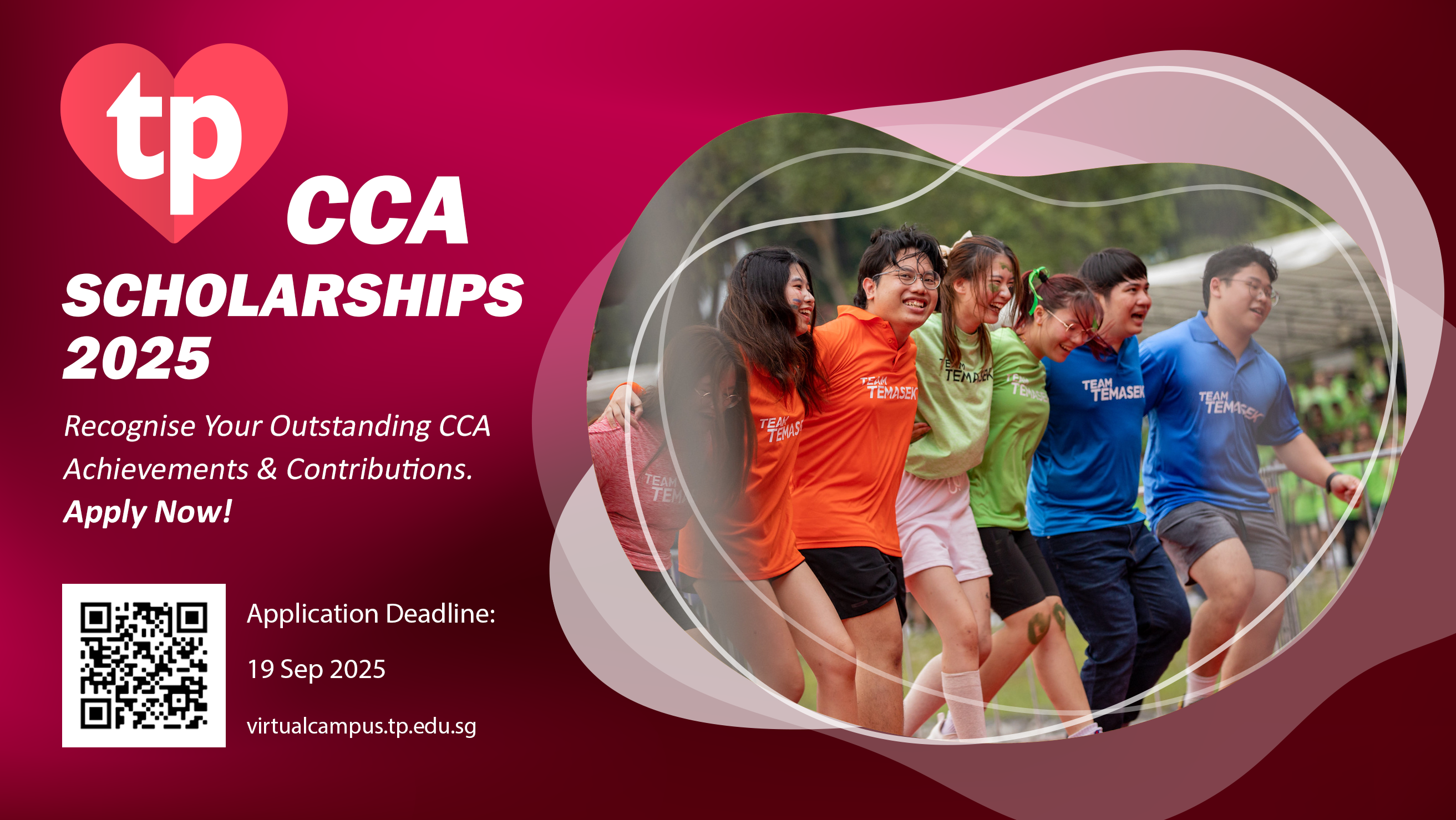 Temasek Polytechnic CCA Scholarships 2025 flyer with students in Team Temasek shirts running together, deadline 19 Sep 2025.