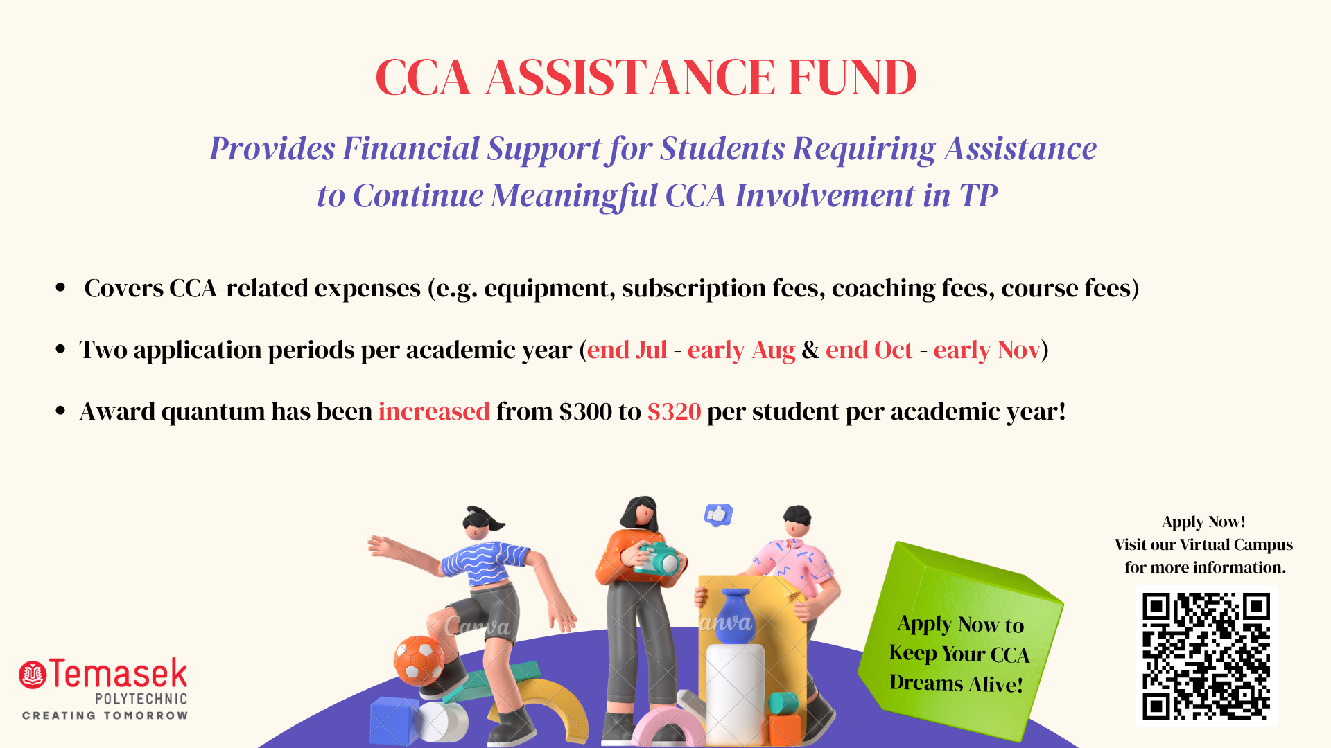 Temasek Polytechnic flyer for CCA Assistance Fund offering up to $320 per student, with QR code to apply.
