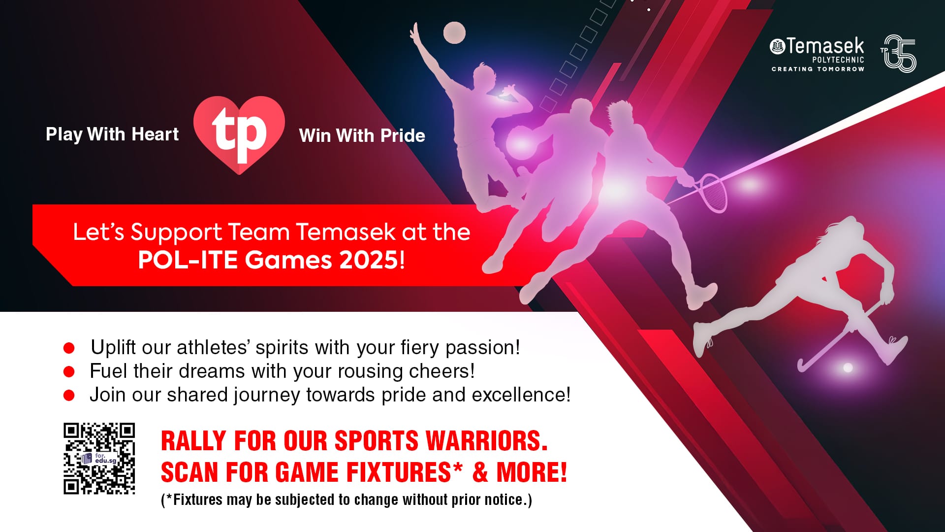 Temasek Polytechnic POL-ITE Games 2025 promotional banner with athlete silhouettes and a QR code.
