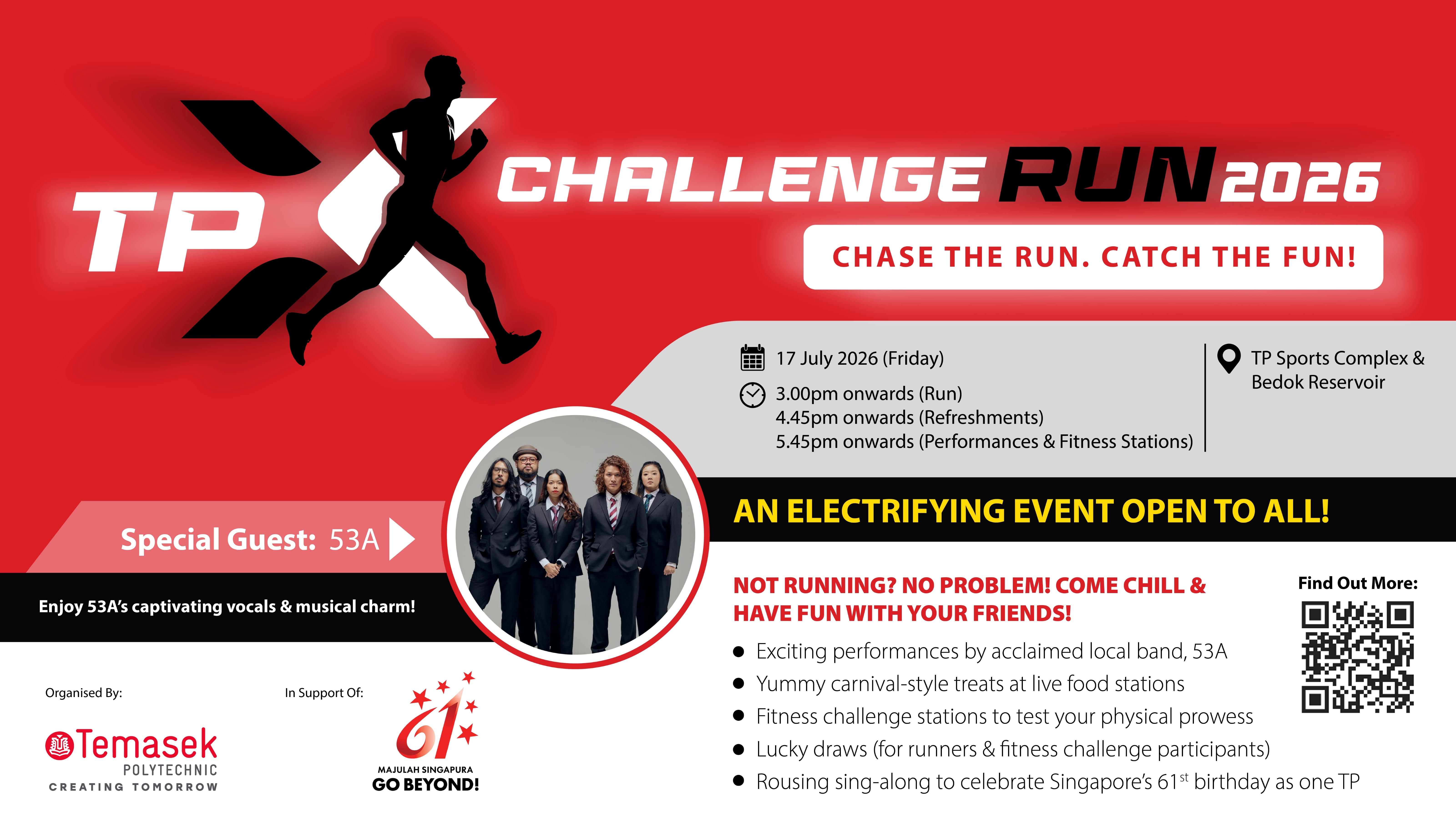 TP X Challenge Run 2026 event poster for 17 July 2026 at TP Sports Complex and Bedok Reservoir