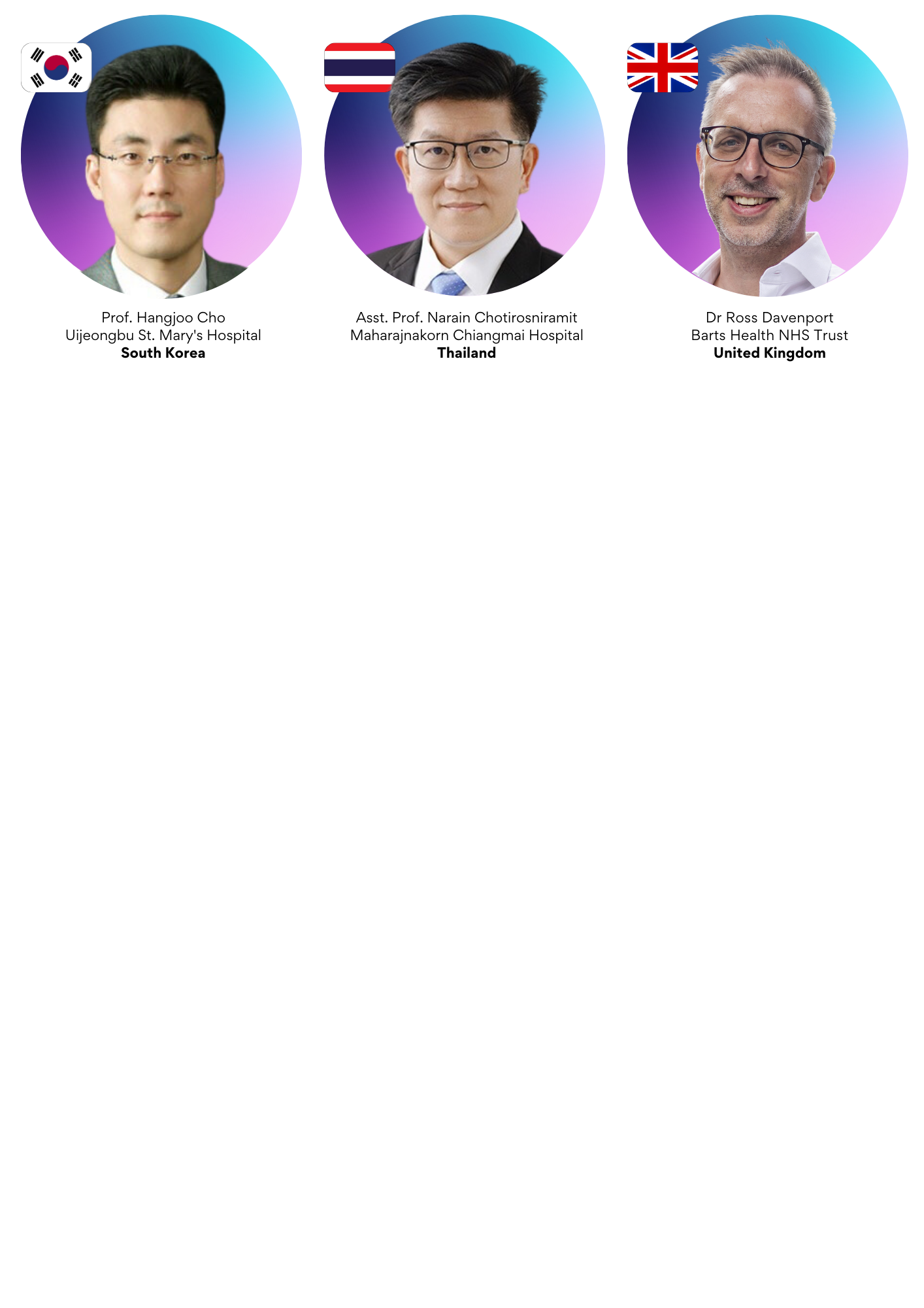 Three medical professionals from South Korea, Thailand, and the United Kingdom shown in circular portrait photos with their names and hospitals.