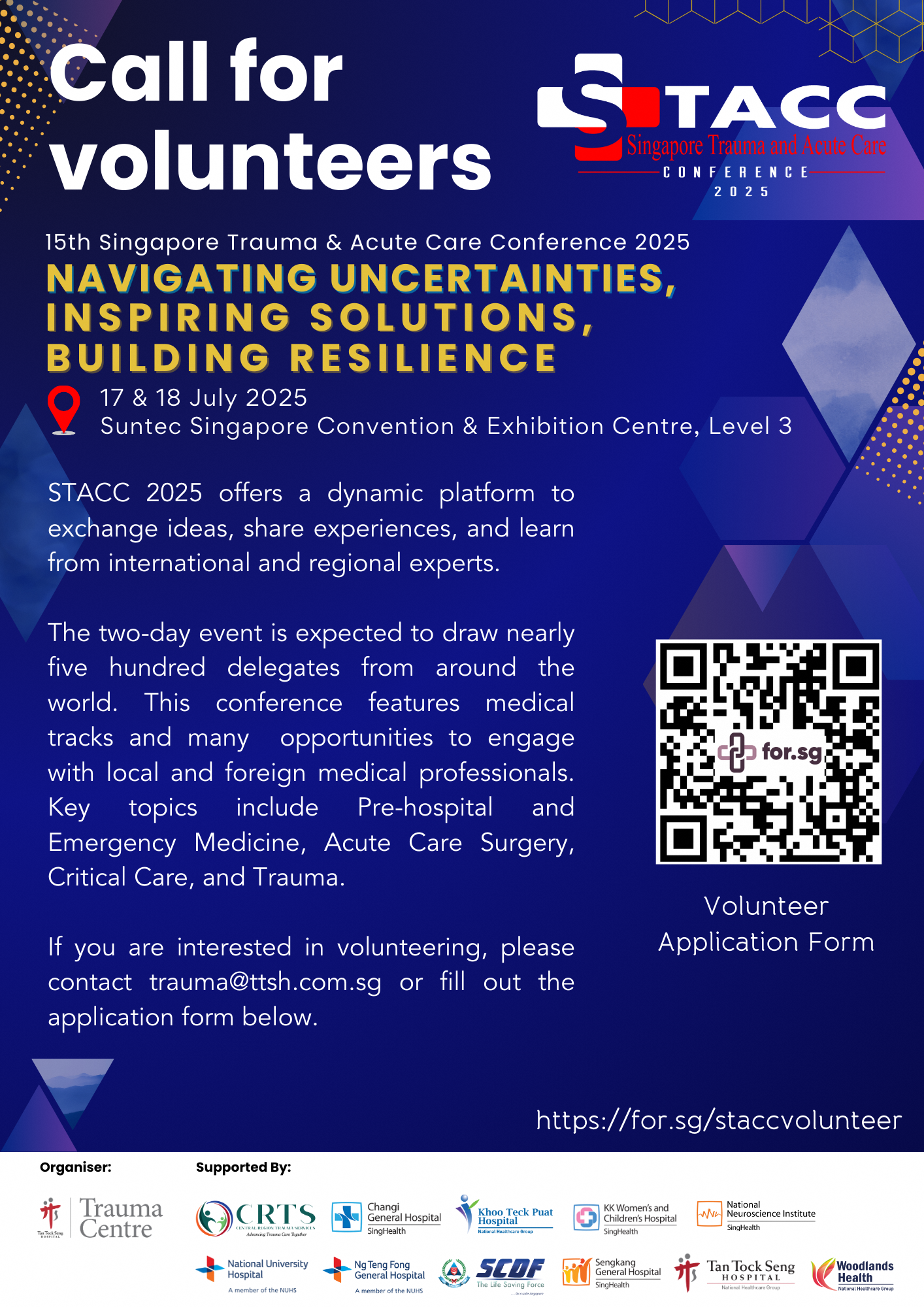 Flyer for STACC 2025 volunteer call, with event details, a QR code, and hospital sponsor logos on dark blue background.