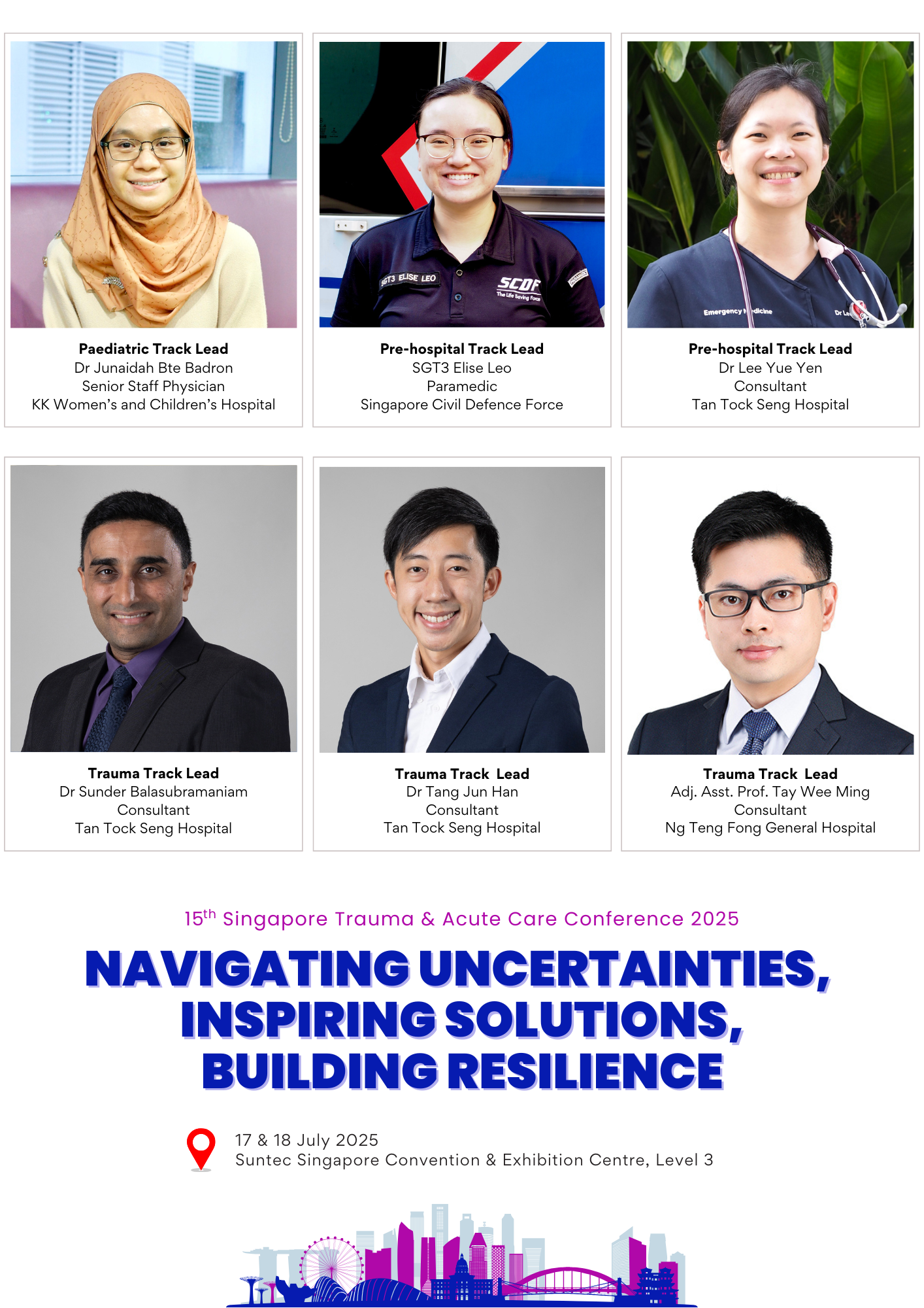 Six track leads featured on a 2025 Singapore Trauma and Acute Care Conference promotional flyer dated July 17-18.