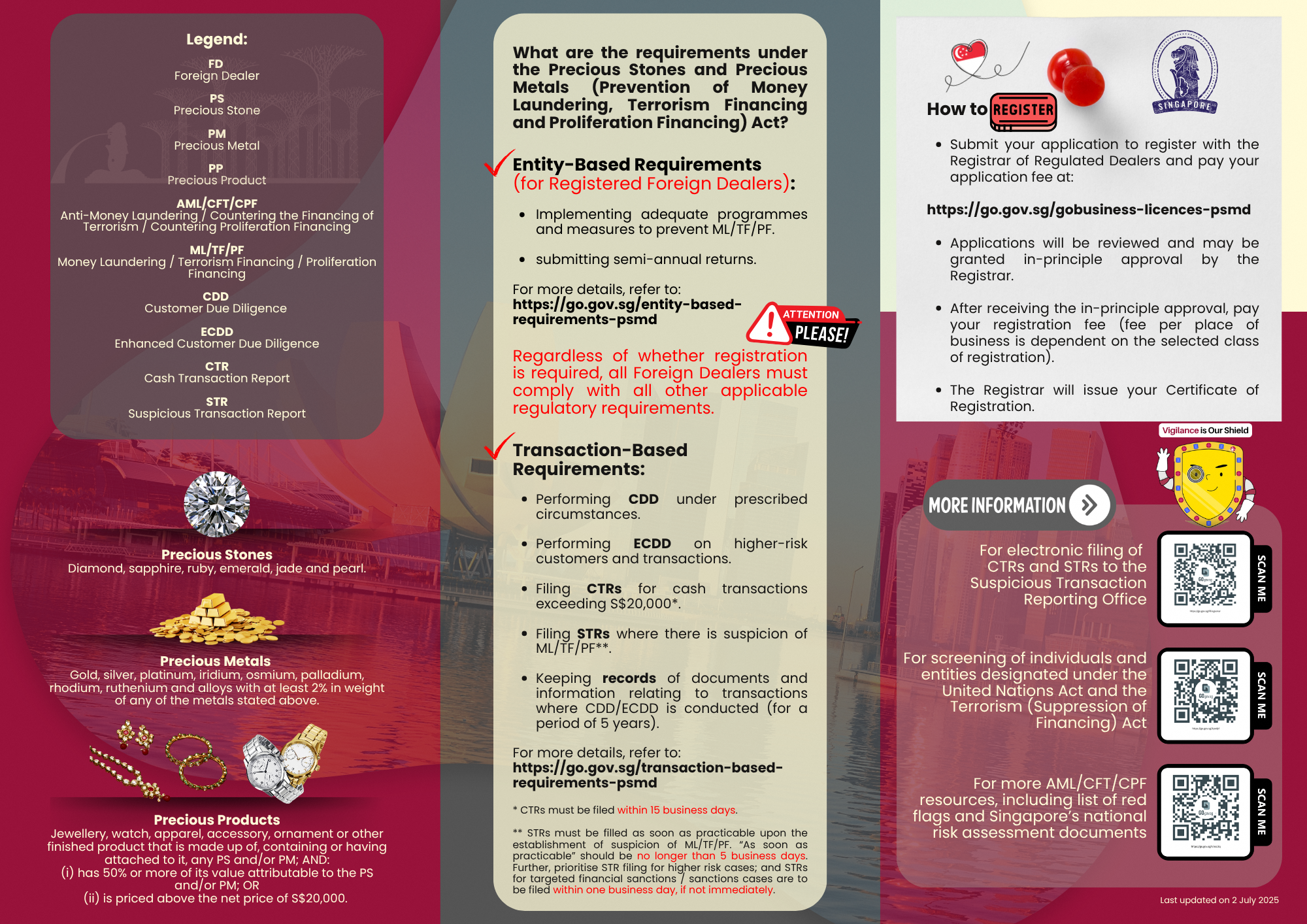 Singapore government flyer explaining Precious Stones and Metals Act requirements, registration steps, and AML compliance rules.