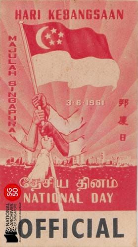 Vintage 1961 Singapore National Day poster with a figure holding the flag, cityscape background, and multilingual text.