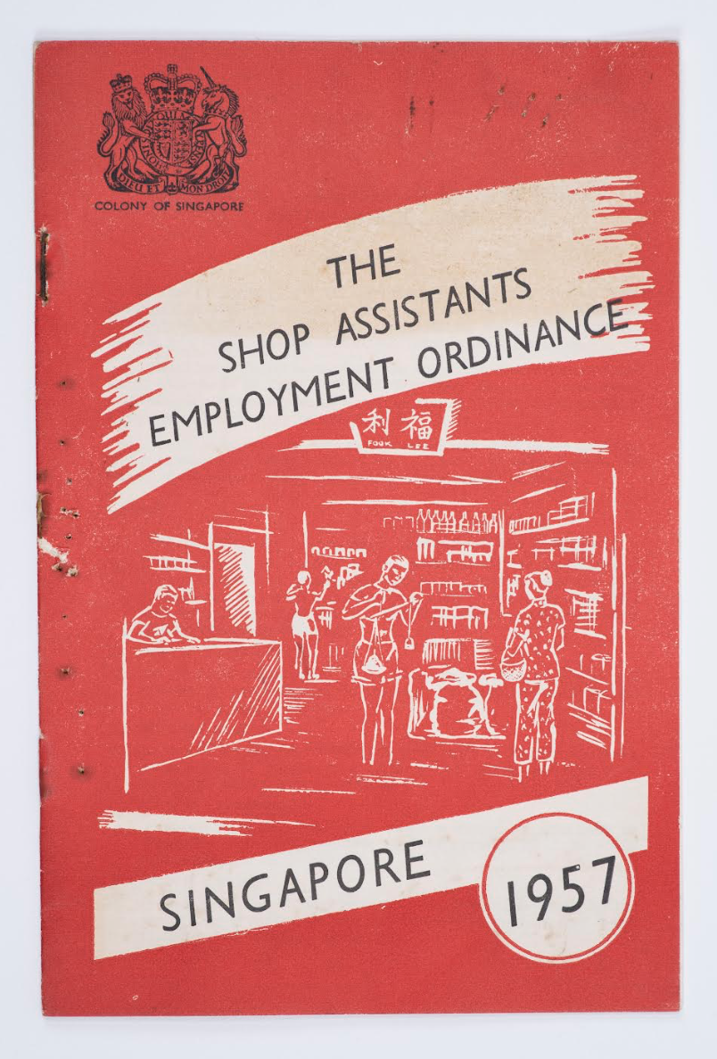 Red booklet cover titled The Shop Assistants Employment Ordinance, Singapore 1957, with a drawn shop scene.