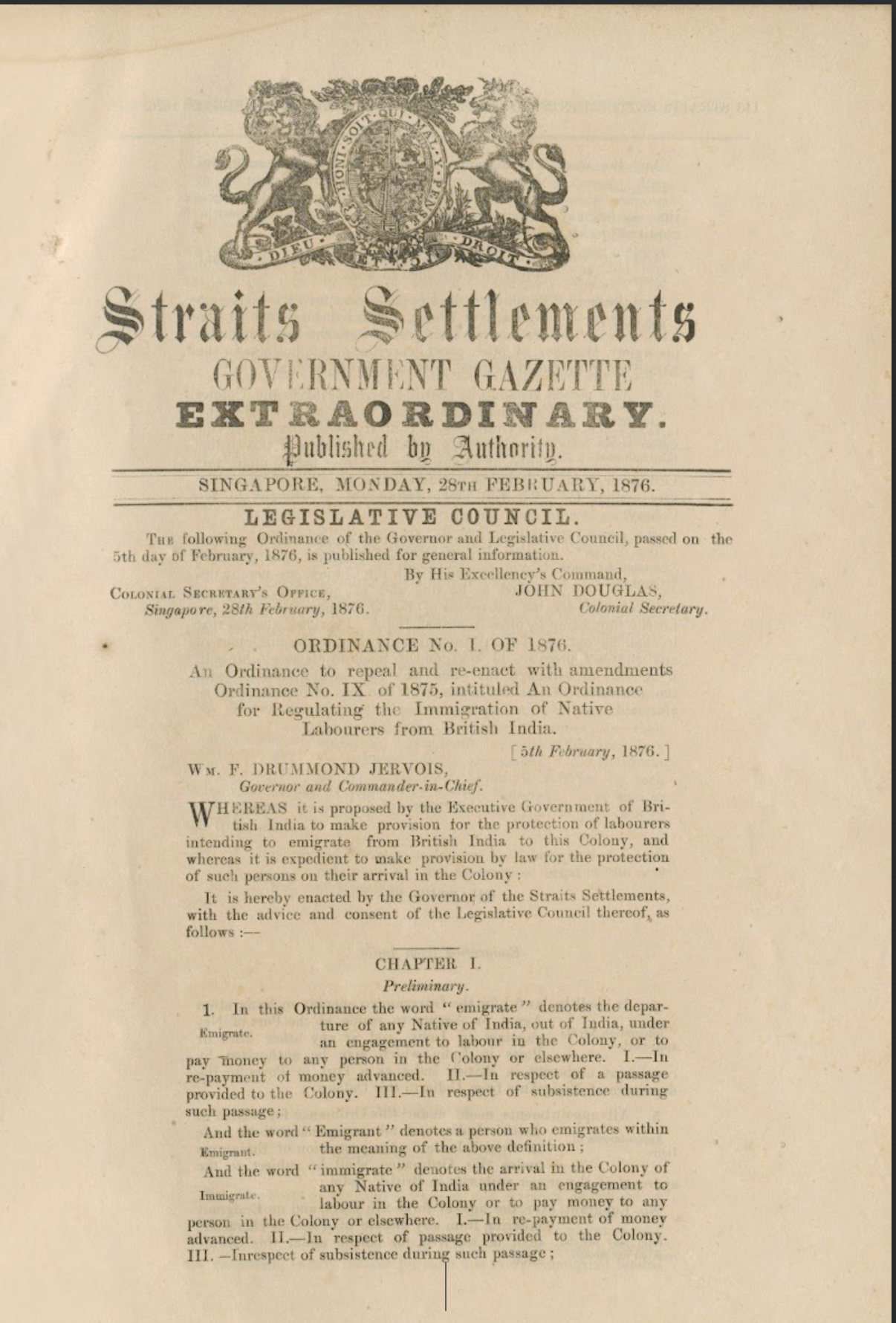 Aged official document titled Straits Settlements Government Gazette Extraordinary, dated Singapore, 28 February 1876.
