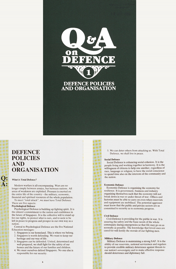 Printed booklet titled Q and A on Defence number 1, covering Defence Policies and Organisation with text on two pages.