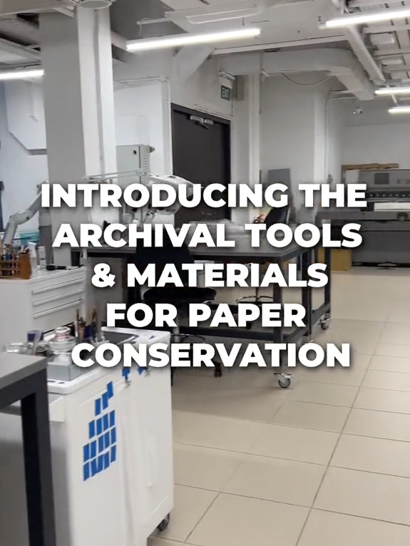 A bright conservation lab with equipment and text reading Introducing the Archival Tools and Materials for Paper Conservation.