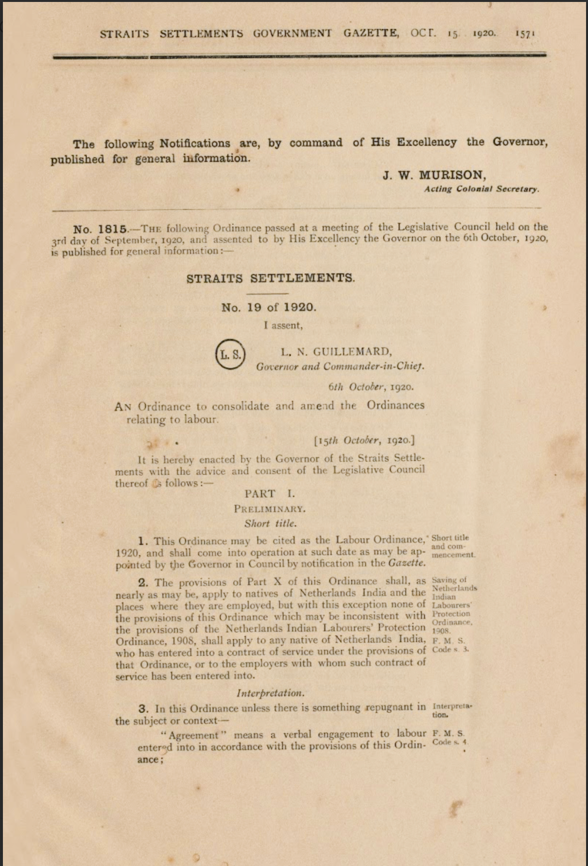 Straits Settlements Government Gazette page dated October 15, 1920, showing Labour Ordinance No. 19 of 1920.