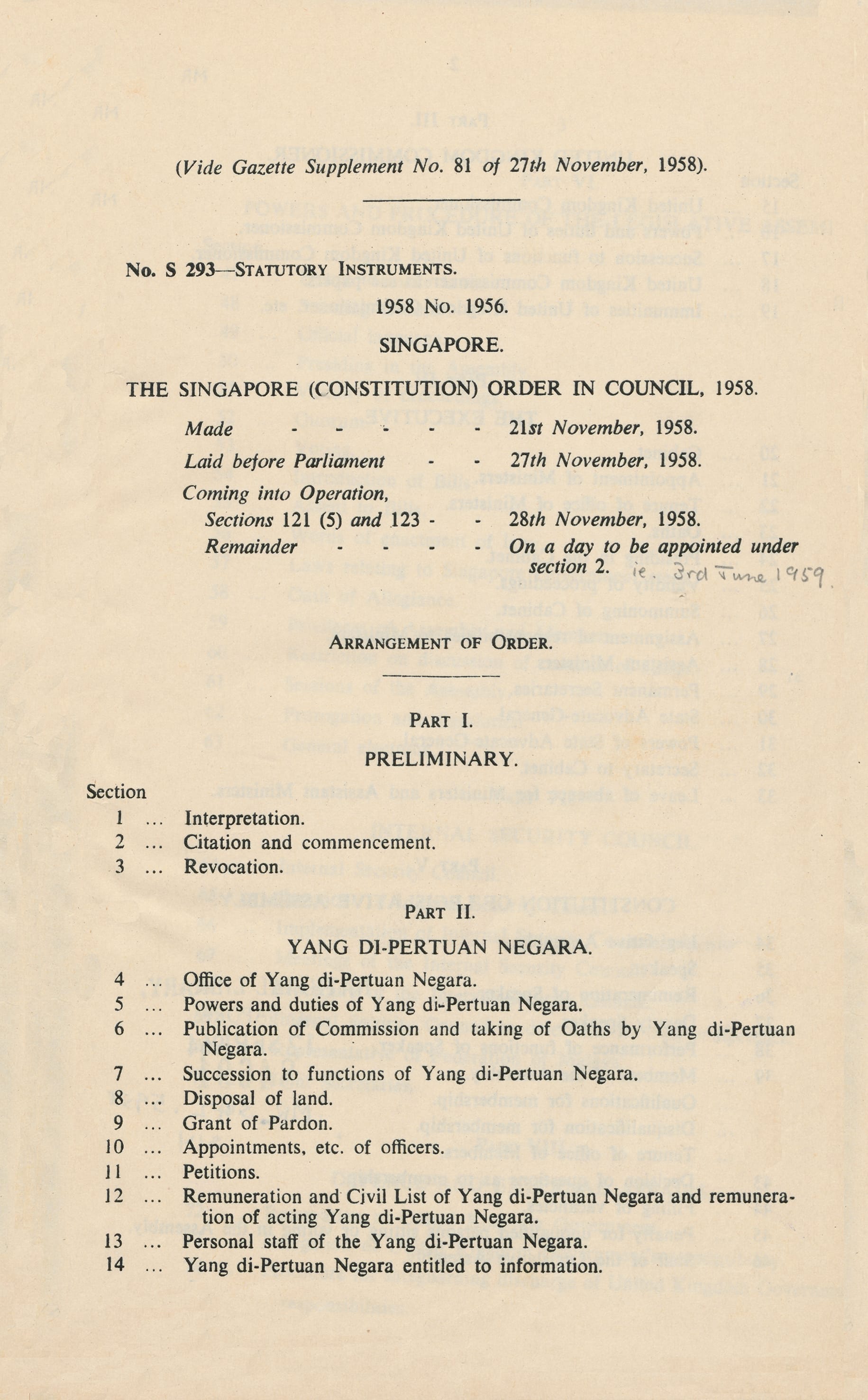 First page of a 1958 Singapore Constitution Order document with section list and dates in a formal layout.