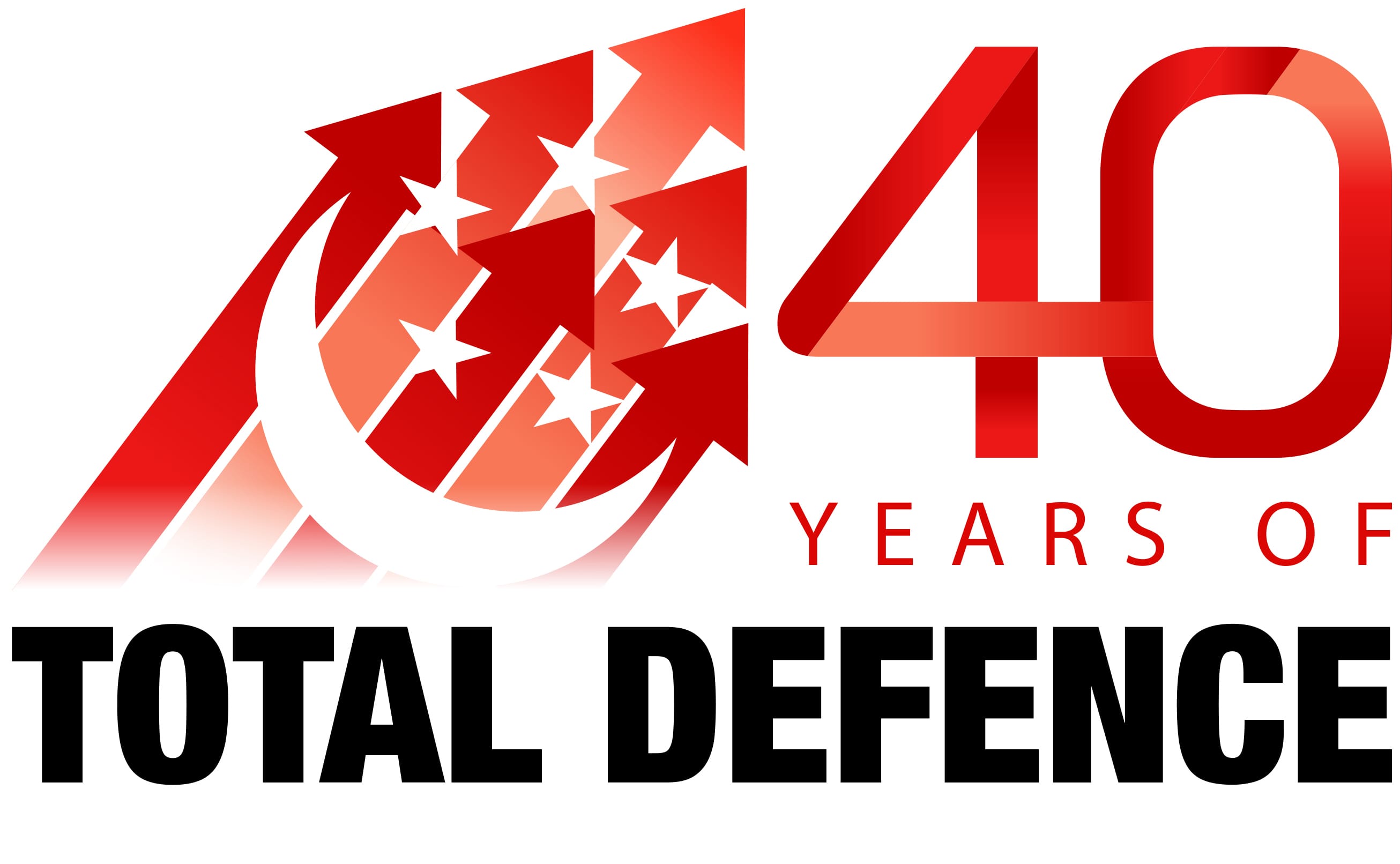 Red and white emblem with arrows and stars beside bold text reading 40 Years of Total Defence.