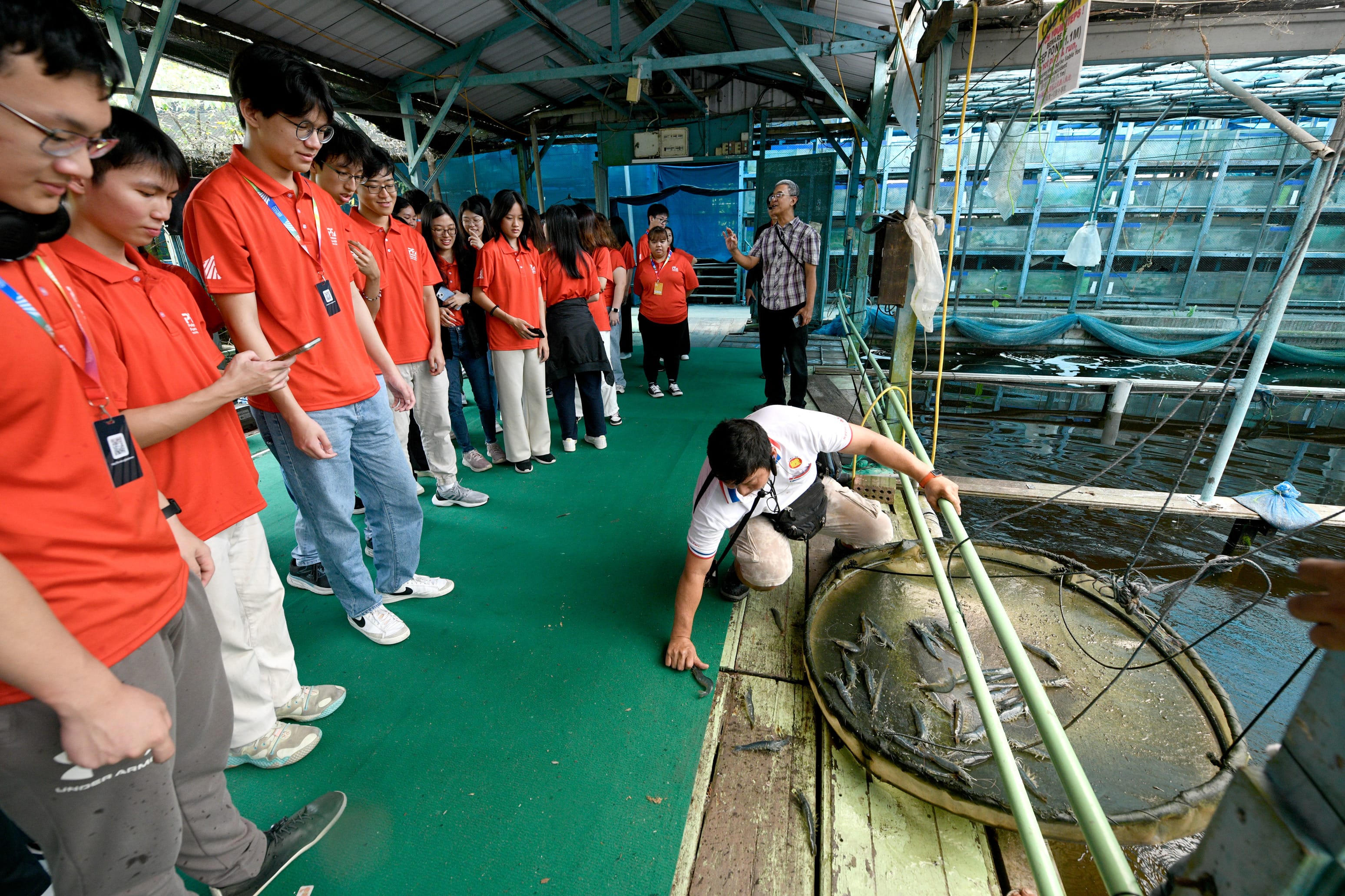 A group in red shirts watches a man lean over a fish tank at an indoor aquaculture facility.