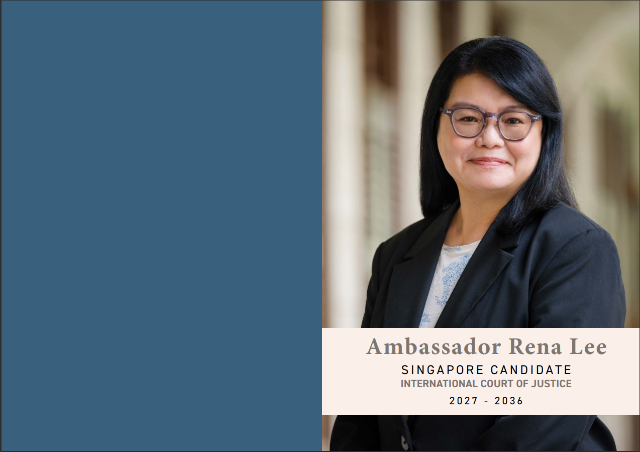Portrait of Ambassador Rena Lee, Singapore candidate for International Court of Justice 2027-2036, wearing glasses and a black blazer.