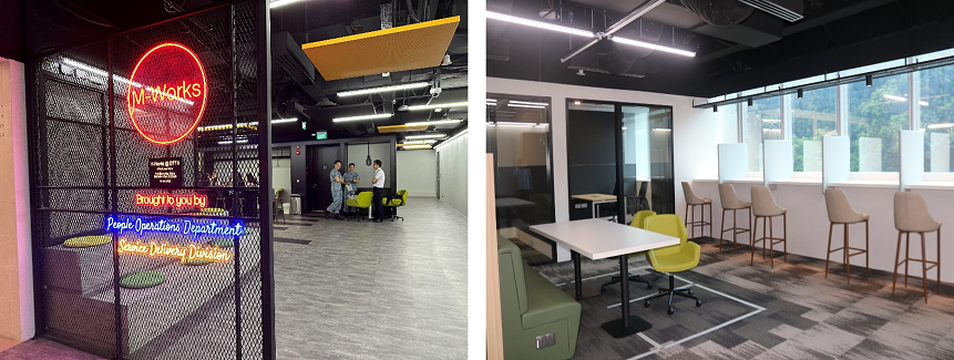 Two images of M-Works office space with neon sign entrance on left and modern seating area with bar stools on right.