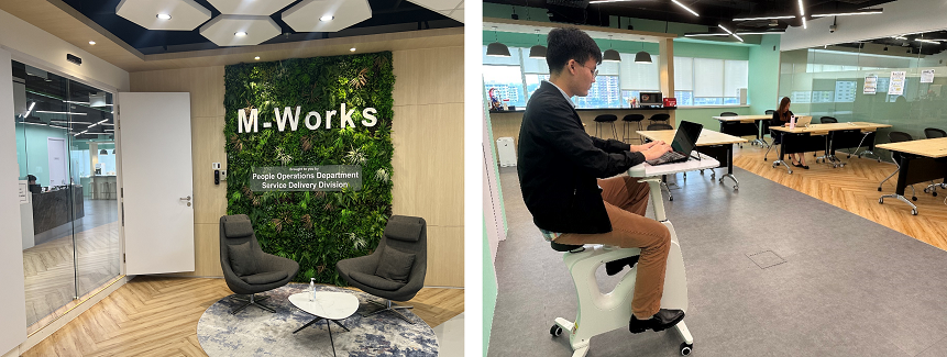 Two office scenes: a green plant wall with M-Works sign and seating area, and a man working on a laptop.
