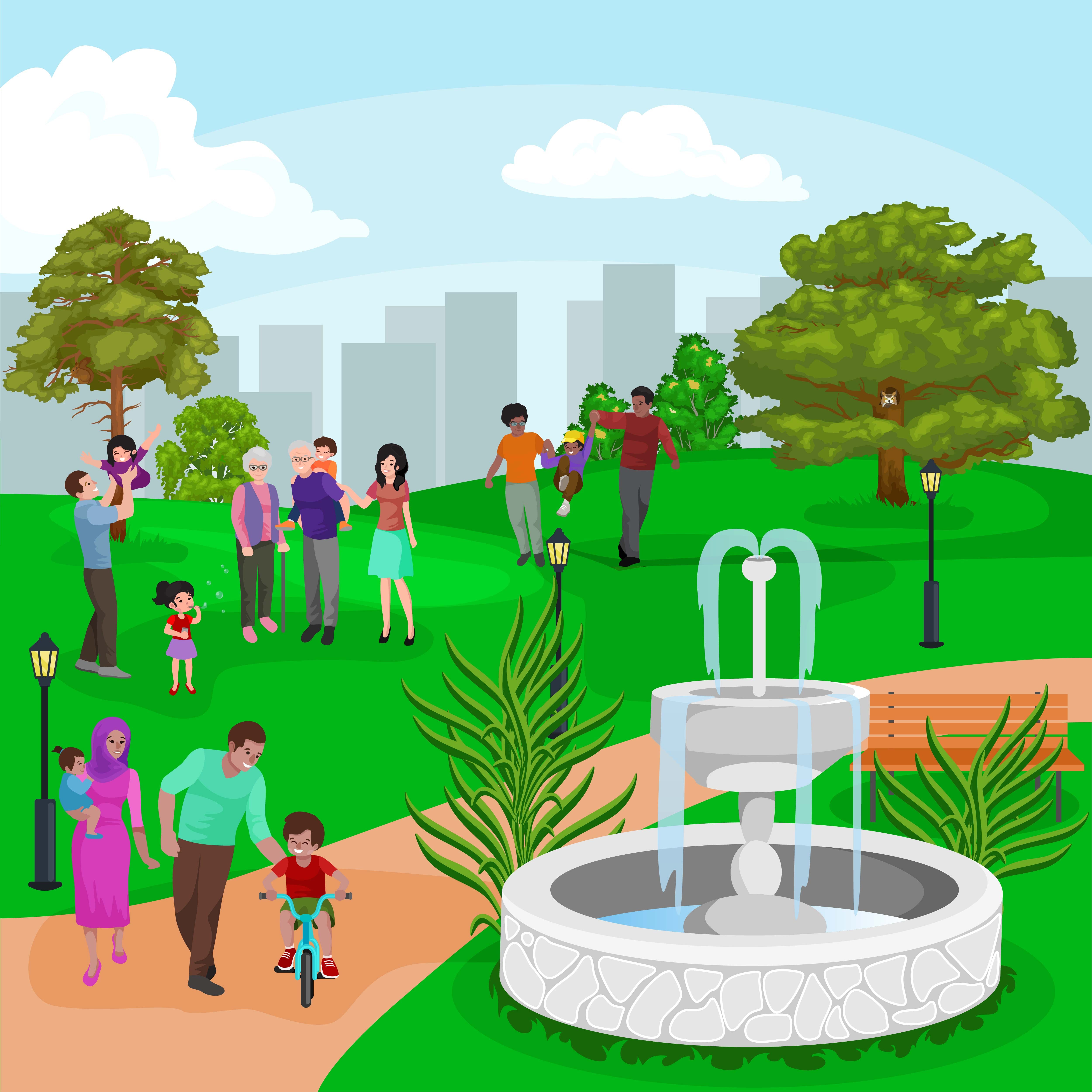 Illustration of residents gathered in a green community space.
