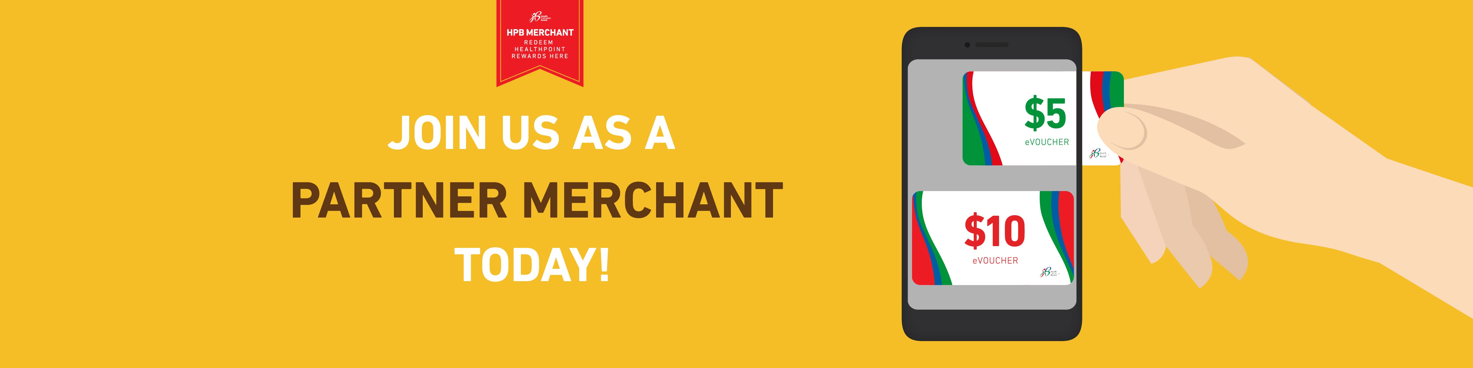 Promotional banner inviting partner merchants, showing phone with $5 and $10 voucher icons.