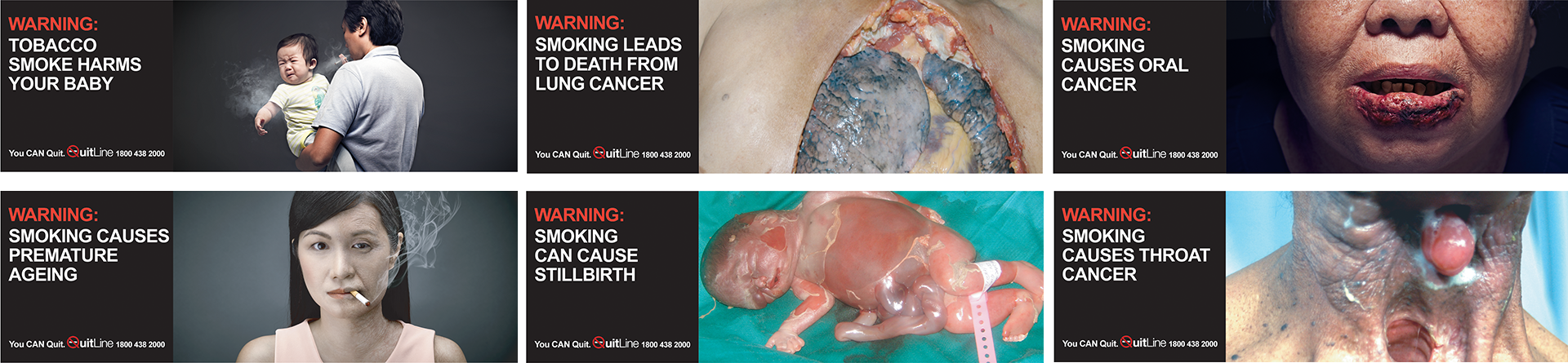 Series of images showcasing warnings of tobacco on health.