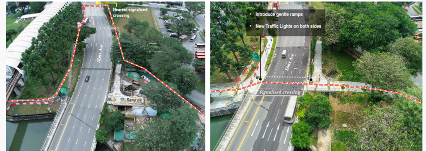 Two aerial views of Sims Ave highlighting new ramps and traffic lights at signaled crossings.