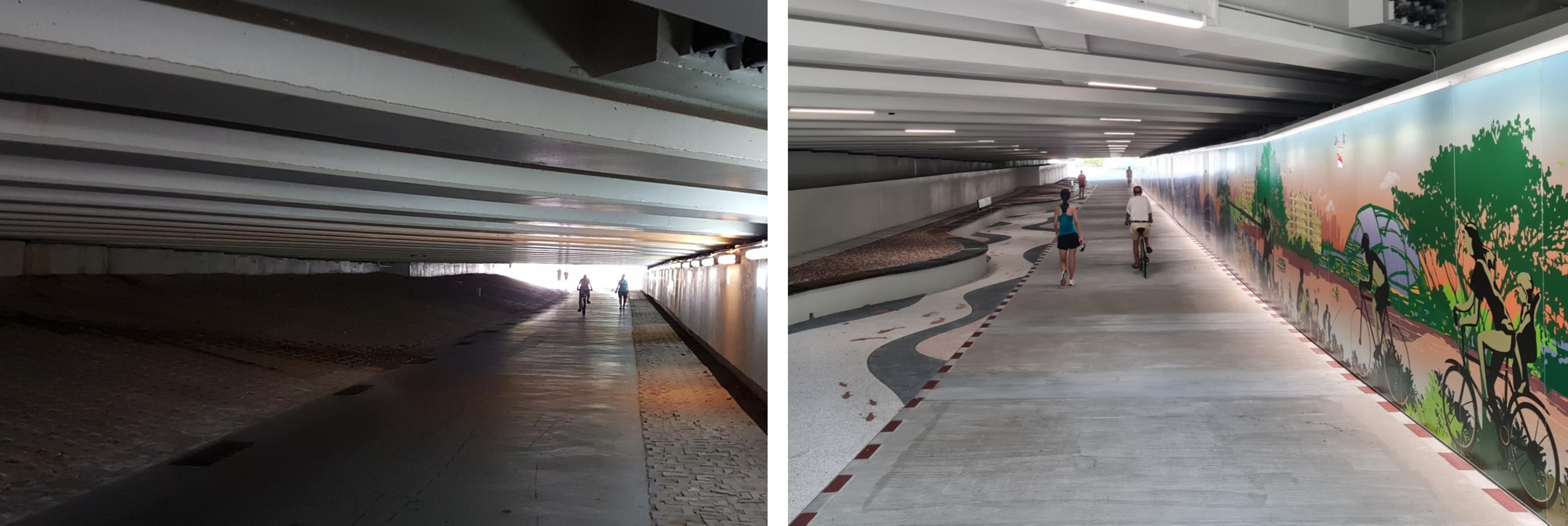 Two underpass views; one plain concrete, the other decorated with murals and landscaping.